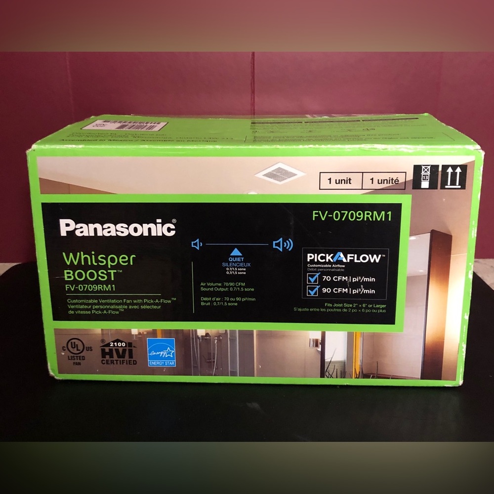 Panasonic 70-90 CFM 0.7-1.5 Sones Whisper Boost Bath Fan